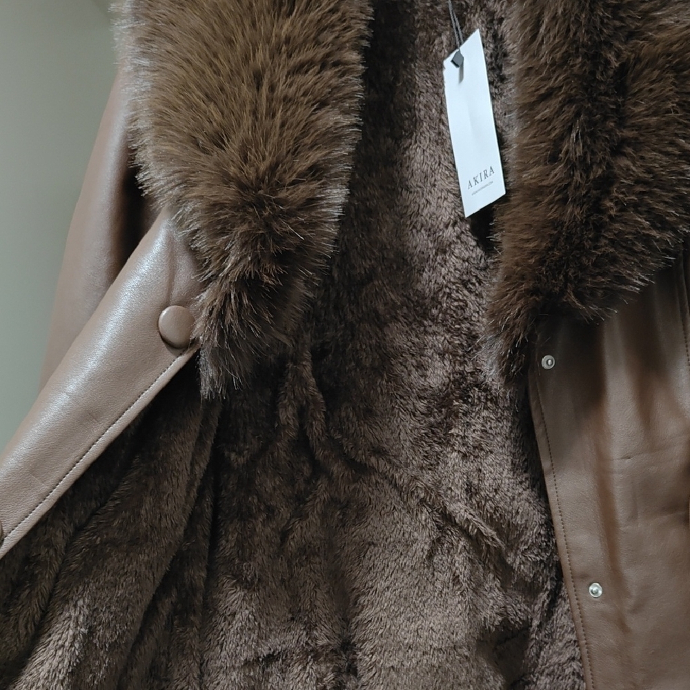 Akira Chocolate Brown Faux Leather Jacket with Faux Fur Trim - Picture 3 of 9